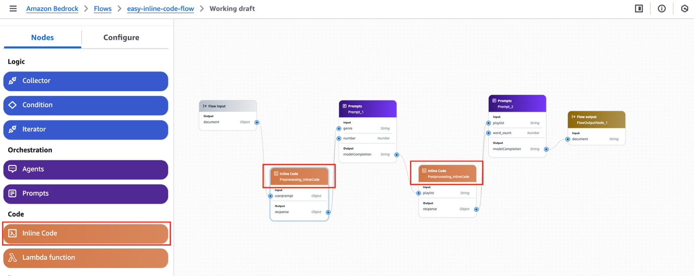 Inline code nodes now supported in Amazon Bedrock Flows in public preview | Amazon Web Services