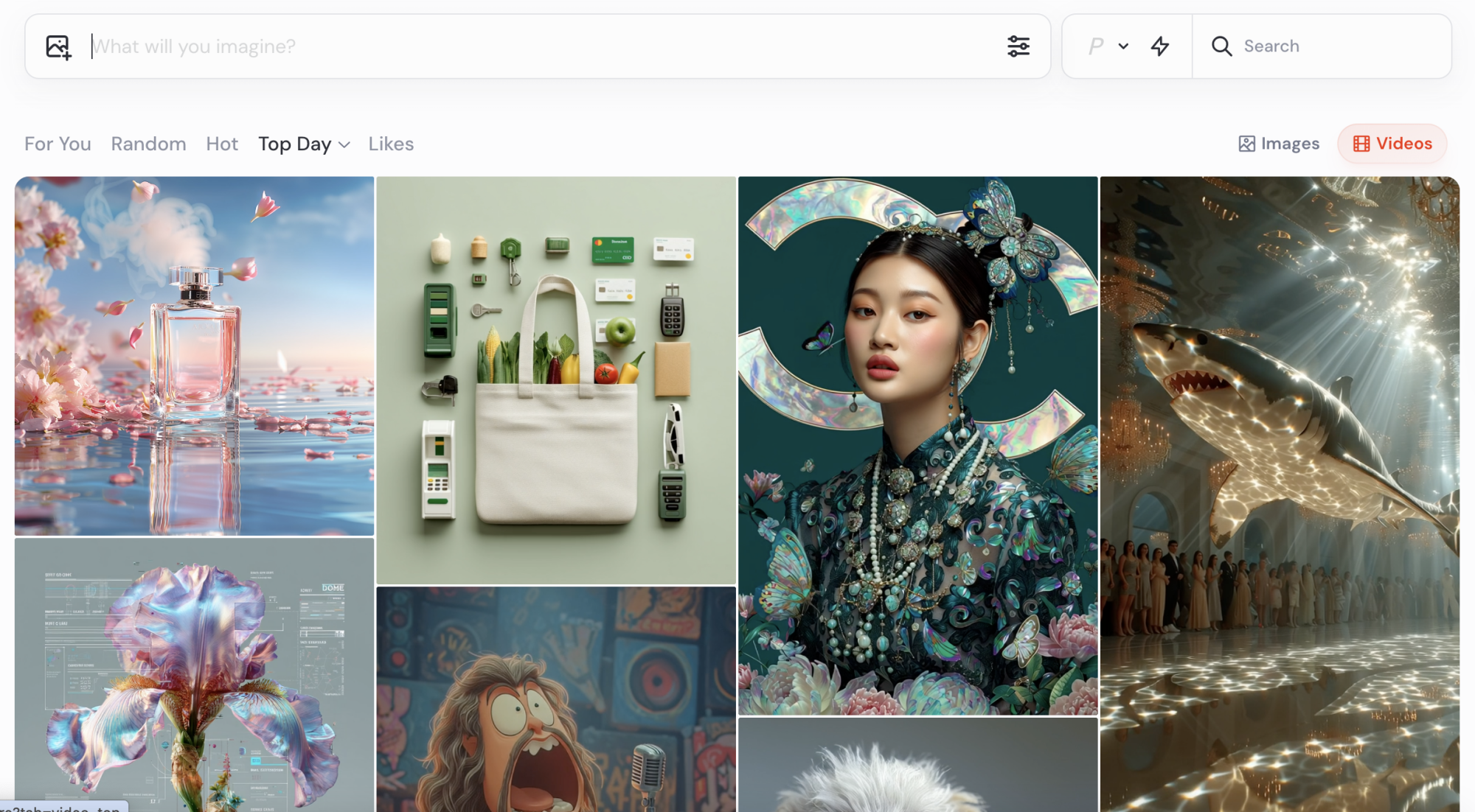 screenshot of midjourney explore feed showing collage of ai-generated images and videos