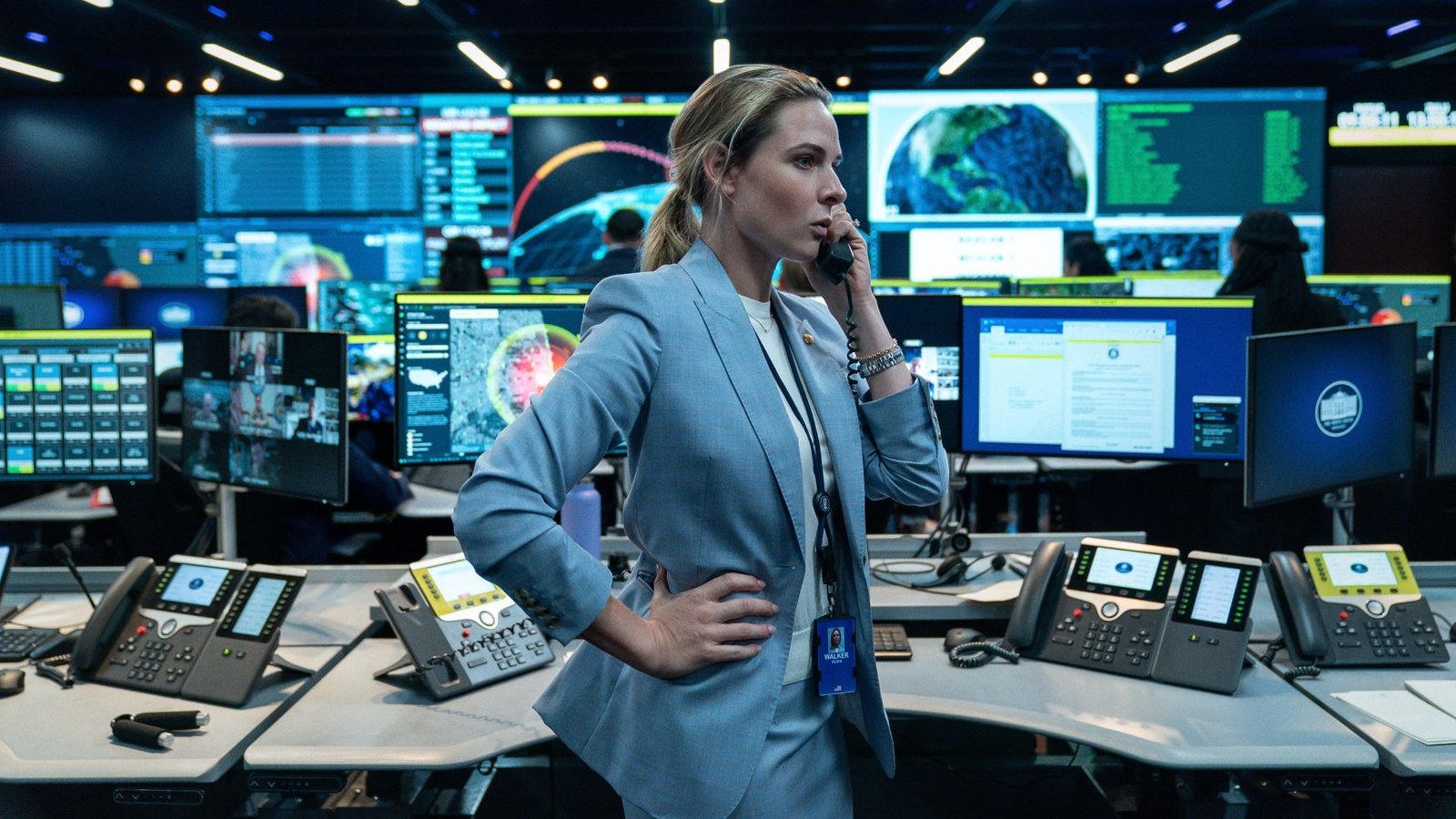 Rebecca Ferguson looks concerned on a phonecall in "A House of Dynamite."