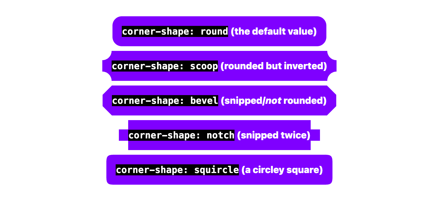 Five vertically-stacked containers in purple comparing the effects of different corner-shape values.