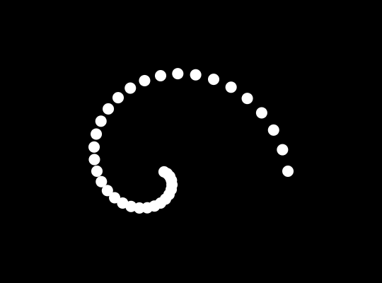 A long series of white dots forming a spiral against a stark black background. The dots get closer together as they swirl.