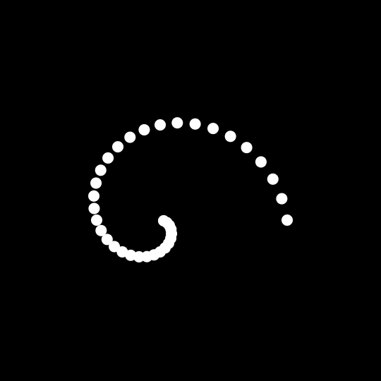 A long series of white dots forming a spiral against a stark black background. The dots get closer together as they swirl.