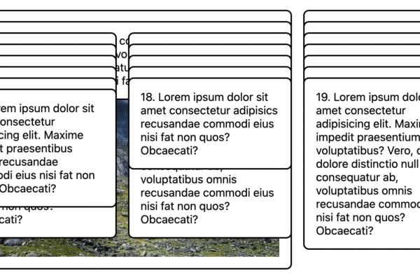 Three columns over overlapping stacked cards with white backgrounds, black rounded borders and randomly generated placeholder text.