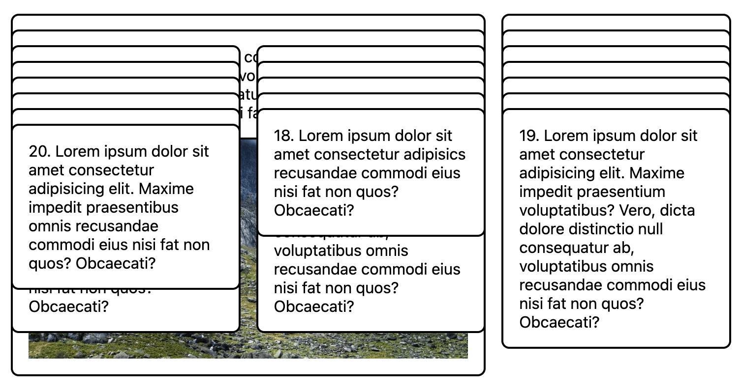 Three columns over overlapping stacked cards with white backgrounds, black rounded borders and randomly generated placeholder text.