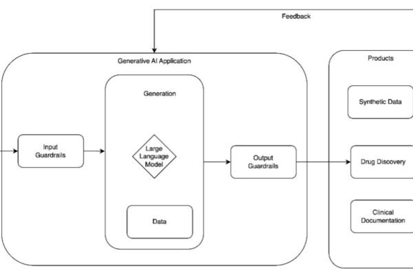 Flowchart showing generative AI process from input to output, including healthcare applications