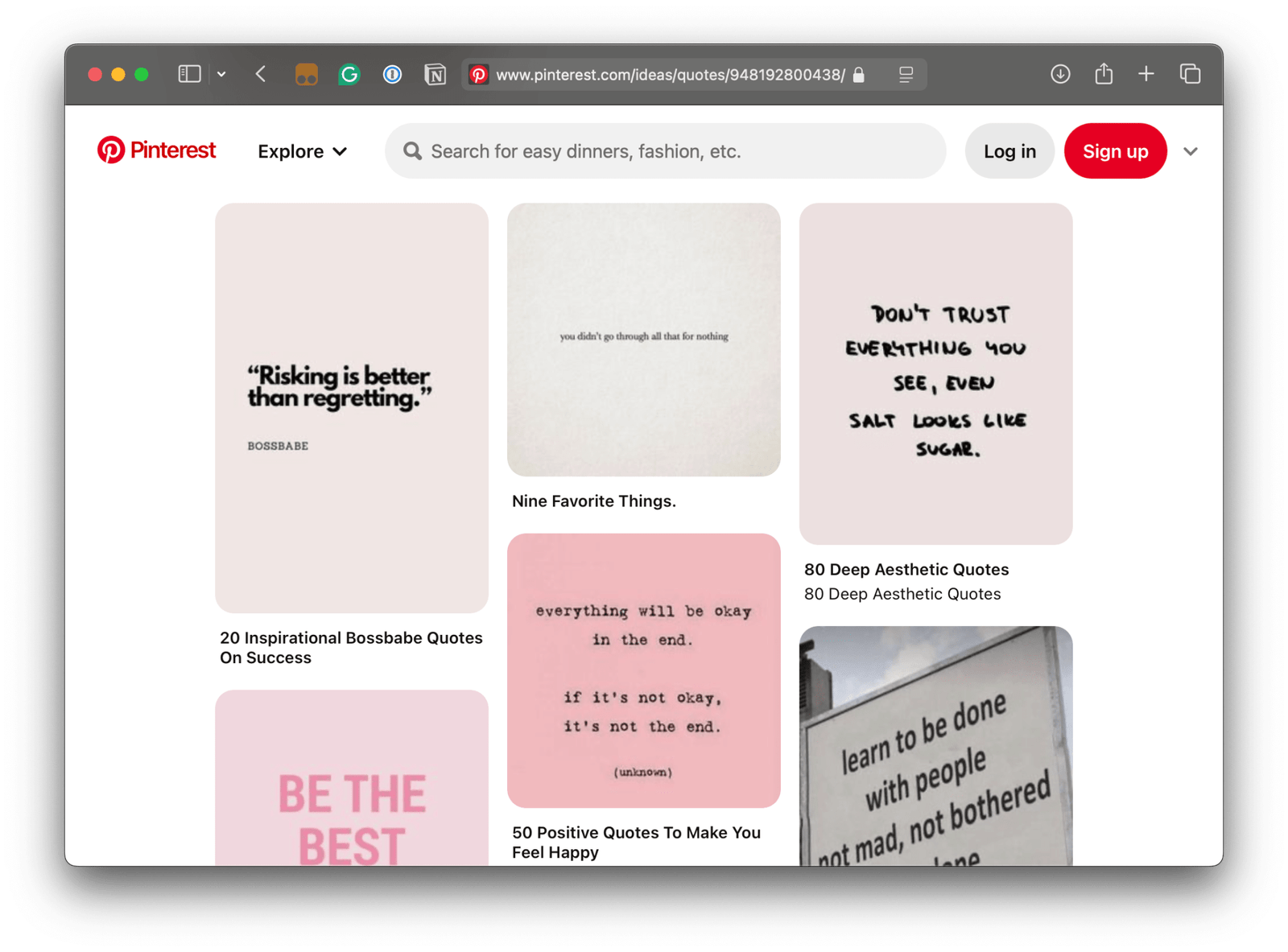 Screenshot of  a Pinterest collection of inspiring quotes, displaying the thumbnail of echoes quote in a masonry-style layout divided in three vertical columns.