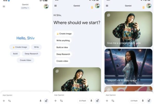 screenshots showing gemini's new interface with colorful prompts and images