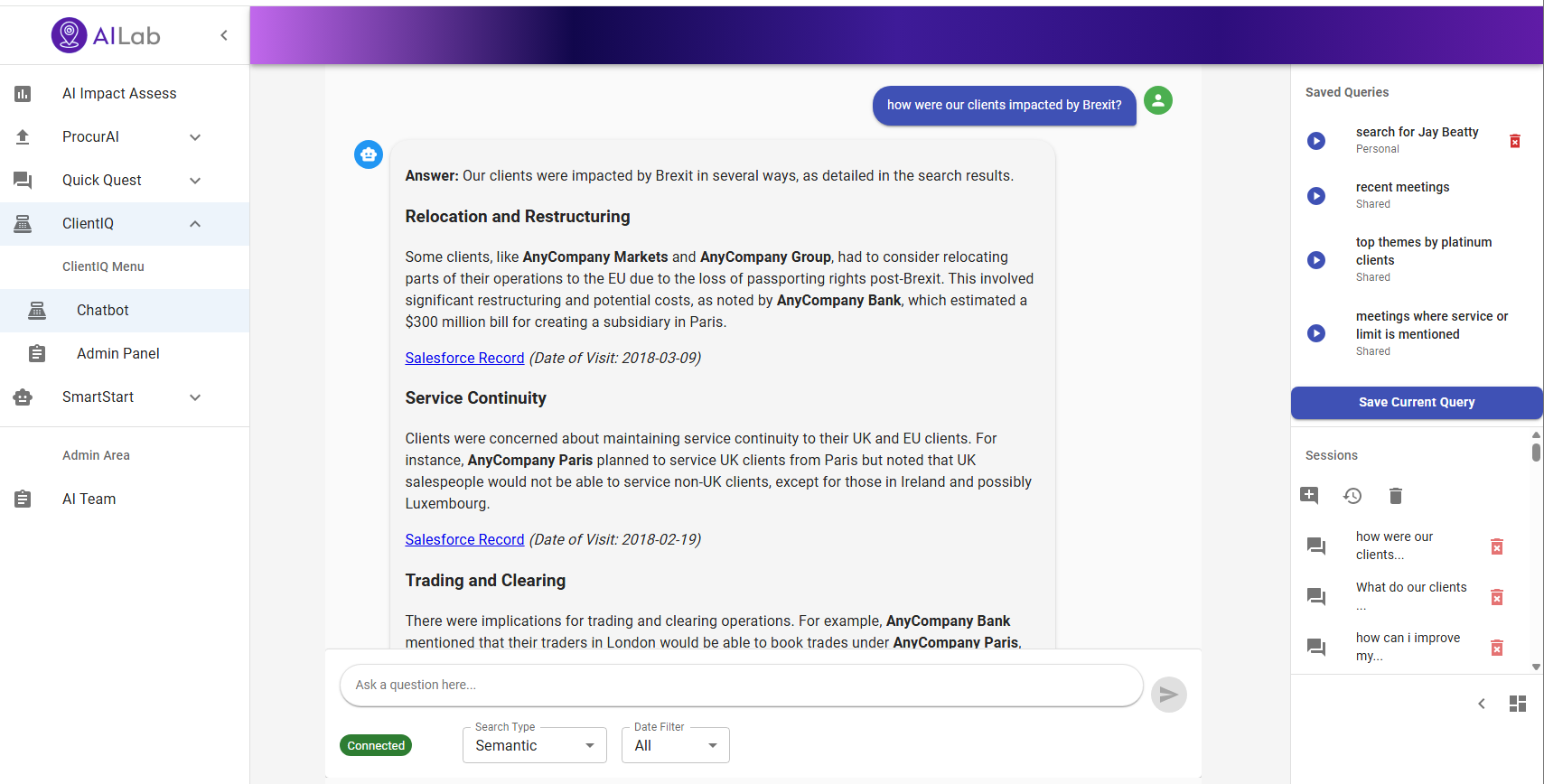 Client IQ interface with question and answer