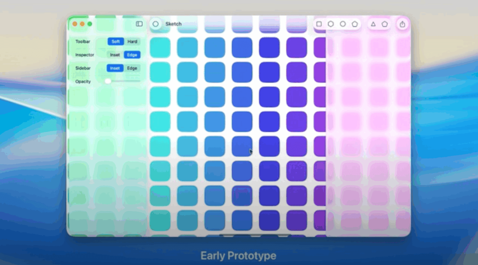 Showing two translucent columns on the right and left of an app window containing a full-width grid of color tiles. The tiles show through the columns, distorting the UI.