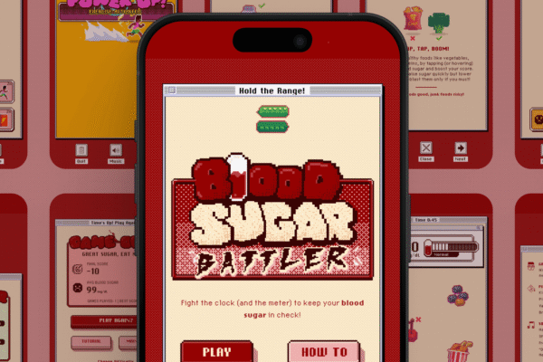 Screenshots of blood sugar battler game with center shot of the start screen.