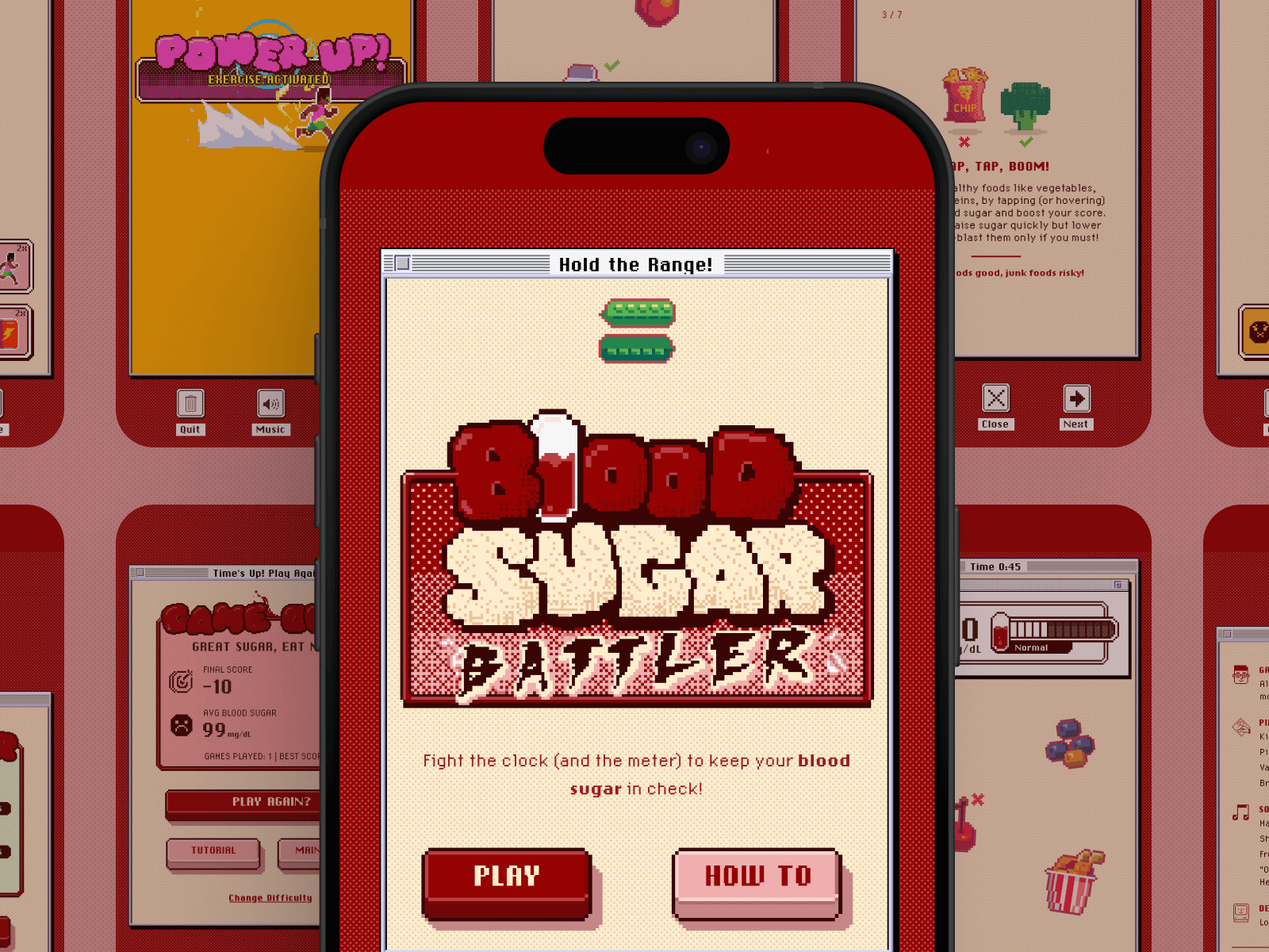 Screenshots of blood sugar battler game with center shot of the start screen.