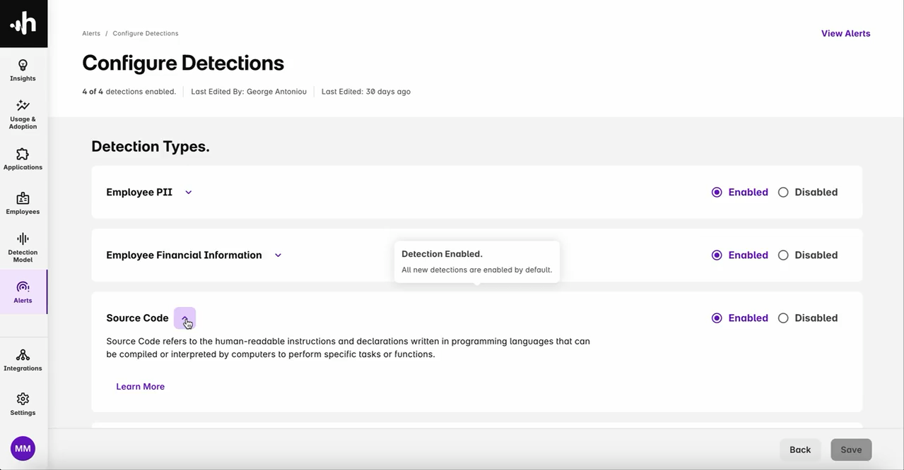 Harmonic Security configuration dashboard with enabled detection types for PII and code monitoring