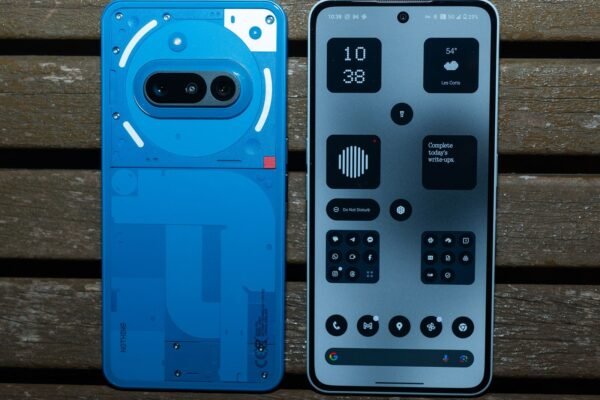 Rear and front view of Nothing Phone 3A a blue mobile phone with app icons on the screen