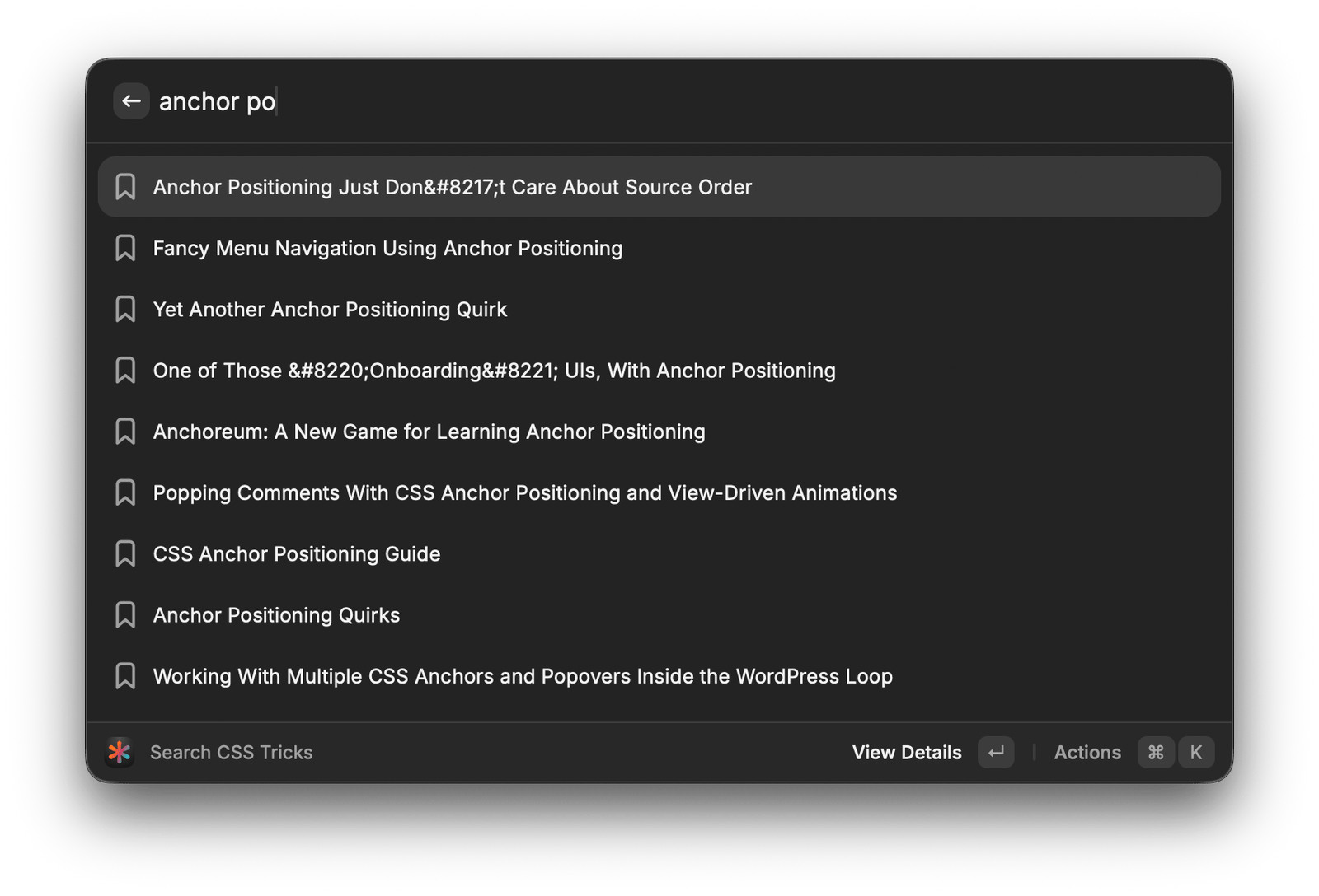 Desktop window with a search field partially typing a query for anchor positioning and results listed below it.