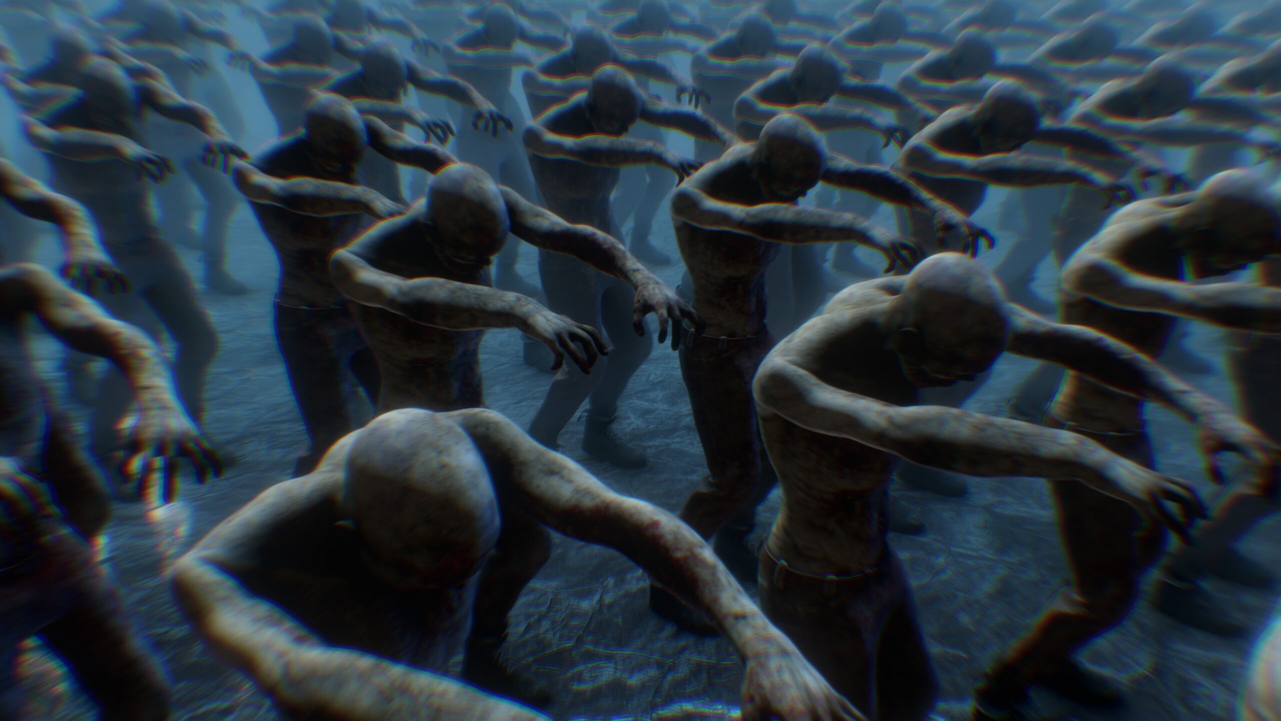 Endless rows of horror movie style walking zombies.