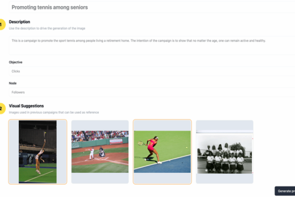 Content management dashboard for senior tennis promotion campaign with description field and reference image gallery