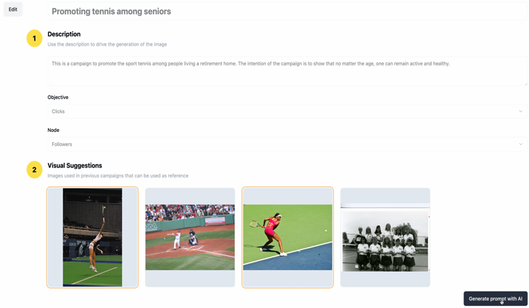 Content management dashboard for senior tennis promotion campaign with description field and reference image gallery