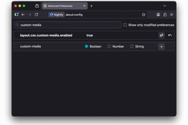 The Firefox Nightly configuration screen searching for custom-media and with layout.css.custom-media.enabled.