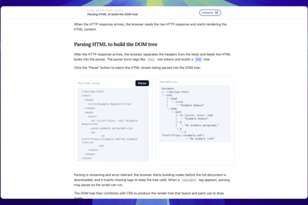 A diagram showing the HTML parsing process with a code example on the left and the resulting DOM tree structure on the right.