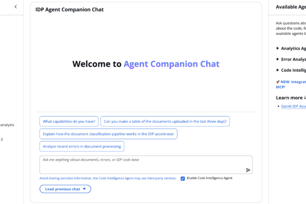 IDP Agent Companion Chat welcome screen showing navigation menu, sample query buttons, and available AI agents panel