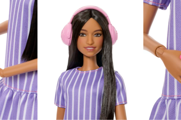 Details of the autistic Barbie, showing close-ups of her tablet, fidget spinner, and face.