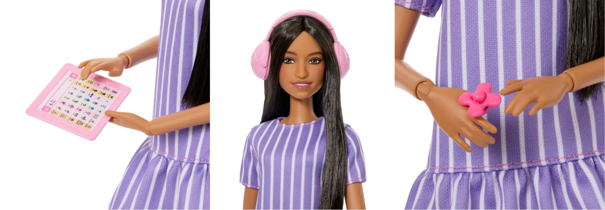 Details of the autistic Barbie, showing close-ups of her tablet, fidget spinner, and face.