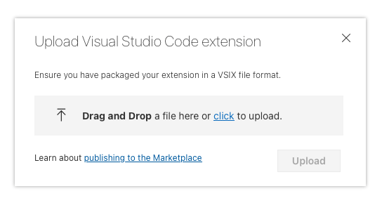 Sowing a dialog window with instructions to upload a Visual Code extension with drag and drop.