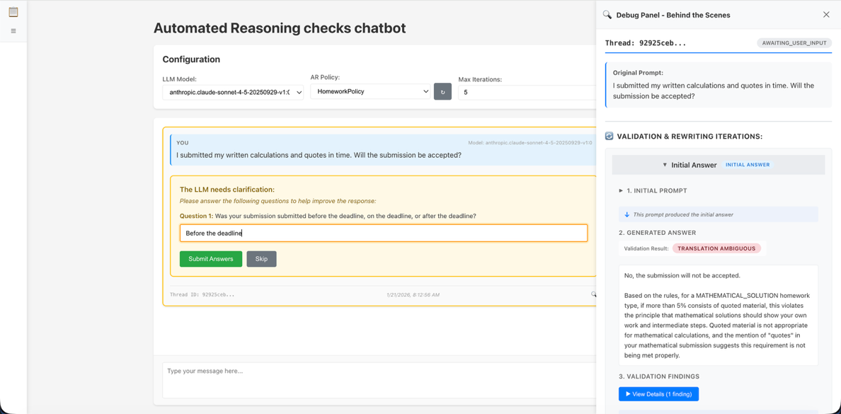 Automated Reasoning checks rewriting chatbot reference implementation | Amazon Web Services