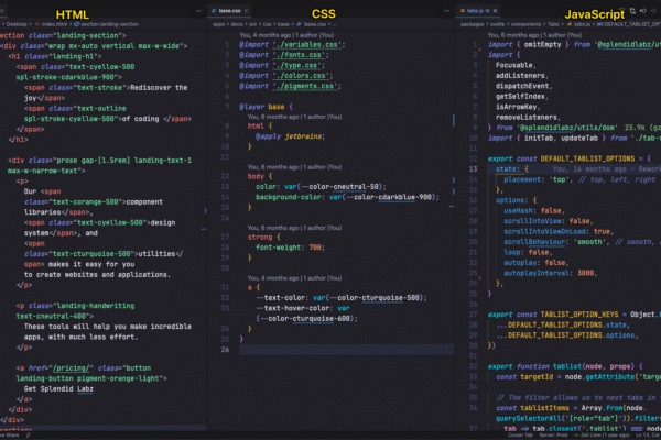 VS Code window with three panels of code — HTML, CSS, and JavaScript — from left to right.