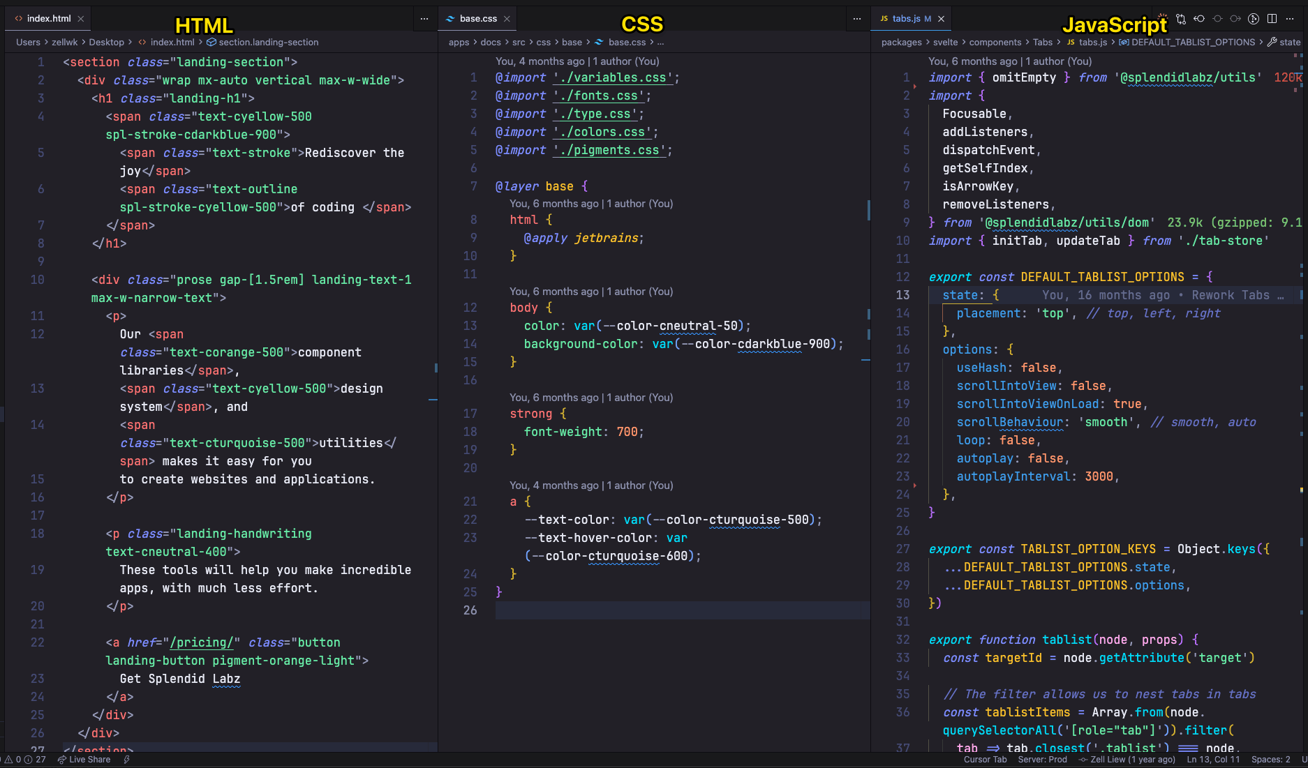 VS Code window with three panels of code — HTML, CSS, and JavaScript — from left to right.